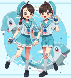  1boy 1girl :d ahoge alternate_costume aqua_hat aqua_sailor_collar aqua_shorts bandaid bandaid_on_knee bandaid_on_leg black_shoes blush braid brown_eyes brown_hair dive_ball dolphin eyelashes finizen florian_(pokemon) hair_ornament hat heart heart_hair_ornament highres holding holding_hands holding_poke_ball juliana_(pokemon) kneehighs multicolored_eyes open_mouth outline poke_ball pokemon pokemon_sv rii_(pixiv11152329) sailor_collar shirt shoes short_hair short_sleeves shorts side_braid single_braid smile socks standing standing_on_one_leg two-tone_eyes white_outline white_shirt white_socks 