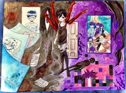  1boy antenna_hair aubrey_(faraway)_(omori) aubrey_(headspace)_(omori) aubrey_(omori) baikinnigou bandaged_head bandages bandaid bandaid_on_cheek bandaid_on_face bandaid_on_nose barefoot basil_(faraway)_(omori) basil_(hospital_gown)_(omori) basil_(omori) bed black_eyes black_hair black_skin black_tank_top black_thighhighs blanket blue_shirt blush bow brother_and_sister brothers bruise bruised_eye checkered_blanket checkered_clothes closed_eyes closed_mouth collarbone collared_shirt colored_skin commentary_request door double-parted_bangs eyepatch hair_between_eyes hair_bow head_on_pillow hero_(faraway)_(omori) hero_(headspace)_(omori) hero_(omori) highres holding holding_knife hospital_bed hospital_gown injury kel_(faraway)_(omori) kel_(headspace)_(omori) kel_(omori) knife long_hair looking_at_viewer mari_(headspace)_(omori) mari_(omori) medical_eyepatch neckerchief omori on_bed open_mouth pajamas pants parted_lips picnic_blanket pillow pink_bow pleated_skirt purple_hair purple_shorts purple_sweater_vest red_neckerchief red_skirt sheet_music shirt short_hair short_sleeves shorts siblings sidelocks skirt sleeping smile solo something_(omori) spoilers standing stranger_(omori) striped_clothes striped_pajamas striped_pants striped_shorts sunny_(hospital_gown)_(omori) sunny_(omori) sweater_vest t-shirt tank_top thigh-highs traditional_media tree vertical-striped_clothes vertical-striped_pajamas vertical-striped_pants vertical-striped_shorts white_eyes white_shirt white_shorts white_skin 