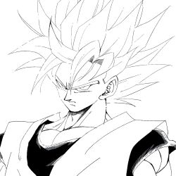  1boy 1rasutotoukou absurdres commentary_request dragon_ball dragon_ball_z greyscale highres male_focus medium_hair monochrome muscular muscular_male shirt simple_background solo son_goku spiky_hair super_saiyan super_saiyan_2 upper_body white_background 