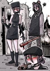  absurdres adidas alcohol baseball_bat black_sweater blood blush bottle chainsaw_man drink drinking fur_hat gopnik hansoom_(latebirdwakeup) hat highres holding holding_baseball_bat holding_bottle medium_hair papakha reze_(chainsaw_man) russia russian_clothes slavic_clothes soviet_flag sweater 