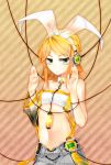  1girl alternate_costume cable collar green_eyes hair_ornament hairclip headphones kagamine_rin kagamine_rin_(append) midriff navel see_through short_hair solo tateshina_ryouko tubetop vocaloid vocaloid_append 