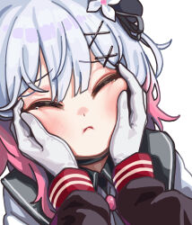  2girls absurdres cheek_squash closed_eyes closed_mouth commentary_request facing_viewer flower gloves hair_flower hair_ornament hands_on_another's_cheeks hands_on_another's_face highres korean_commentary long_sleeves mahou_shoujo_no_majo_saiban moohyungking multicolored_hair multiple_girls nikaido_hiro out_of_frame pink_hair sakuraba_ema short_hair simple_background solo_focus tearing_up upper_body white_background white_gloves white_hair x_hair_ornament 