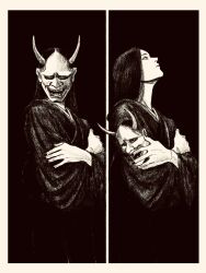  1girl black_background black_dress black_hair black_outline dress greyscale highres holding holding_mask long_hair looking_at_viewer mask monochrome oni_mask original outline tp_p_pt unworn_mask 