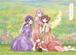  22/7 4girls ahoge album_cover asymmetrical_bangs blunt_bangs boots box brown_eyes brown_hair center-flap_bangs closed_mouth cover dress fanged_bangs flower frilled_dress frills full_body green_eyes group_name hair_between_eyes hair_flower hair_ornament himuro_mizuki horiguchi_yukiko hug hug_from_side ichinose_hotaru kamiki_mikami long_hair looking_at_viewer medium_dress mole mole_under_eye multicolored_hair multiple_girls official_alternate_costume official_alternate_hairstyle official_art on_grass open_mouth orange_dress orange_hair orange_ribbon outdoors pink_dress pink_hair pink_ribbon purple_dress purple_hair purple_ribbon red_dress red_ribbon ribbon sera_honoka short_hair sitting smile song_name streaked_hair three-quarter_sleeves two-tone_hair two_side_up violet_eyes white_boots 