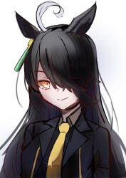  1girl absurdres ahoge black_choker black_coat black_hair black_shirt choker coat commentary_request contrast_collar ear_ornament ear_tag earrings hair_over_one_eye highres jewelry long_bangs long_hair manhattan_cafe_(creeping_black)_(umamusume) manhattan_cafe_(umamusume) multicolored_hair necktie niboshiume shirt simple_background single_earring solo umamusume very_long_hair white_background white_hair yellow_necktie 