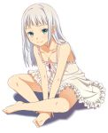  barefoot between_legs chemise dress face feet flat_chest frills hand_between_legs indian_style jewelry mattaku_mosuke necklace original silver_hair sitting smile solo v_arms white_dress 