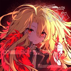  1girl :< ahoge blonde_hair blood blood_from_eyes brown_jacket cape clenched_hand commentary_request commission don_quixote_(project_moon) gold_trim hand_up hemokinesis highres homura792 jacket la_manchaland_(identity)_(project_moon) lapels limbus_company long_hair looking_at_viewer notched_lapels parted_bangs project_moon red_cape sancho_(project_moon) solo upper_body very_long_hair white_jacket 