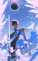  1boy bird black_eyes black_hair black_shirt character_request check_character coat cowboy_shot day dove eclipse epaulettes feathered_wings from_below highres holding holding_sword holding_weapon kim_dokja lens_flare looking_at_viewer male_focus official_alternate_costume omniscient_reader's_viewpoint outdoors ricardo_von_kaizenix roellm sash shirt short_hair smile solo sword too_many too_many_birds too_many_watermarks watermark weapon white_coat white_wings wings 