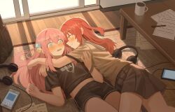  2girls arms_around_neck black_shirt blue_eyes blush bocchi_the_rock! brown_sailor_collar brown_shirt cellphone coffee_mug commentary_request cube_hair_ornament cup day dolphin_shorts embarrassed gotoh_hitori green_eyes hair_between_eyes hair_ornament headphones highres indoors kita_ikuyo long_hair looking_at_another lying milktea_(gggrrr2000) mug multiple_girls on_back on_floor on_side one_side_up open_mouth phone pink_hair red_hair sailor_collar school_uniform sheet_music shirt shorts shuka_high_school_uniform smartphone smile sunlight thighs yuri 