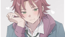  1boy bangs_pinned_back blue_jacket blush closed_mouth collared_shirt commentary ensemble_stars! eye_contact green_eyes green_necktie hand_on_own_face hand_up heart highres hood hooded_jacket isara_mao jacket layered_sleeves looking_at_another looking_at_viewer male_focus necktie pillarboxed portrait red_hair reijiro school_uniform shirt sidelocks smile solo yumenosaki_school_uniform 