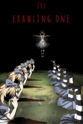  6+girls alice_(black_souls) apron bisected black_shoes black_souls blonde_hair blue_bow blue_dress bow chainsaw_man commentary dress english_commentary face_in_shadow fazni_frye floating hair_bow highres long_hair multiple_girls pantyhose praying puffy_short_sleeves puffy_sleeves scene_reference shoes short_sleeves striped_clothes striped_pantyhose t-pose very_long_hair white_apron 