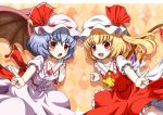  :o argyle argyle_background ascot asymmetry bat_wings blonde_hair blue_hair fang fangs flandre_scarlet hat highres index_finger_raised mount_whip multiple_girls nail_polish open_mouth pointing raised_finger red_eyes remilia_scarlet short_hair siblings side_ponytail sisters smile touhou wings 