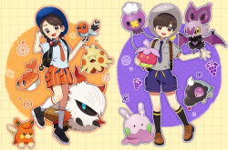  1boy 1girl alternate_color backpack bag bird black_bag black_socks blush bounsweet braid breast_pocket brown_eyes brown_hair brown_shoes closed_mouth collared_shirt dot_nose drifloon eyelashes fletchling florian_(pokemon) food fruit full_body goomy grapes grey_shirt grid_background hat highres holding holding_pokemon juliana_(pokemon) kneehighs larvesta naranja_academy_school_uniform necktie noibat open_mouth orange_(fruit) orange_necktie orange_shorts orange_slice outline pawmi pocket poke_ball_symbol pokemon pokemon_(creature) pokemon_sv purple_necktie purple_shorts rii_(pixiv11152329) school_uniform shiny_pokemon shirt shoes short_hair short_sleeves shorts shroodle shroomish side_braid single_braid smile socks tatsugiri tatsugiri_(curly) teeth upper_teeth_only uva_academy_school_uniform white_outline white_shirt white_socks yellow_eyes 