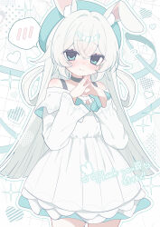 1girl beret black_choker blue_eyes blue_hat blue_ribbon blunt_ends blush borrowed_character choker closed_mouth commission cowboy_shot crossed_bangs double-parted_bangs dress flying_sweatdrops furrowed_brow grid_background hair_flaps hair_rings halftone halftone_background hands_up hat heart high-waist_dress highres light_smile long_hair long_sleeves looking_at_viewer mxwux off-shoulder_dress off_shoulder original outline ribbon second-party_source skeb_commission solo sparkle spoken_blush standing steepled_fingers straight_hair thank_you two-sided_dress two-sided_fabric white_background white_dress white_hair white_outline white_theme 