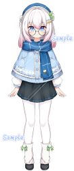  1girl absurdres beret black_shoes black_skirt blue_capelet blue_eyes blue_hat blue_scarf capelet closed_mouth commentary_request commission dot_nose full_body glasses gradient_hair hair_ornament hairclip hat highres leg_warmers light_blush looking_at_viewer mint_hair_ornament multicolored_hair original pantyhose parallel_hairclips pink_hair sample_watermark scarf shoes short_hair sidelocks simple_background skirt smile solo tachi-e tian_yang two-tone_hair watermark watermark_grid white_background white_hair white_leg_warmers white_pantyhose 