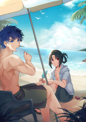  2boys alternate_costume alternate_hairstyle beach beach_towel beach_umbrella black_hair blue_eyes blue_hair commentary_request crab eating fire_emblem fire_emblem:_path_of_radiance food food_in_mouth highres holding holding_food holding_popsicle hood hood_down ike_(fire_emblem) male_focus male_swimwear mochi88543 multiple_boys ocean outdoors palm_tree ponytail popsicle popsicle_in_mouth red_eyes short_hair sitting sky soren_(fire_emblem) swim_trunks topless_male towel tree umbrella 