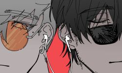  2boys b33b black_hair blue_eyes close-up closed_eyes closed_mouth commentary_request earphones earphones earrings facial_hair glasses highres jewelry male_focus mole mole_under_eye multiple_boys nicholas_d._wolfwood orange-tinted_eyewear parted_bangs piercing red_background shared_earphones sideburns_stubble stubble sunglasses tinted_eyewear trigun trigun_stampede vash_the_stampede 