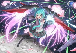  1girl aqua_eyes aqua_hair aqua_necktie armpits black_boots black_gloves black_skirt boots cosplay crater crossover destiny_gundam destiny_gundam_(cosplay) detached_sleeves earth_(planet) explosion eye_tattoo fuido funnels_(gundam) gloves glowing glowing_hair glowing_hand gradient_hair grey_shirt gundam gundam_seed gundam_seed_destiny hair_between_eyes hair_ornament hatsune_miku highres holding holding_microphone_stand long_hair looking_at_viewer microphone_stand moon multicolored_hair necktie open_mouth pink_hair planet pleated_skirt reaching reaching_towards_viewer shirt skirt sleeveless sleeveless_shirt solo space sparkle tattoo thigh_boots twintails vocaloid 