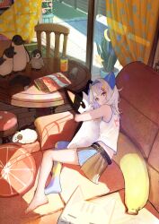  absurdres barefoot blue_hairband blue_skirt brown_skirt chips_(food) commentary_request commission controller couch food game_controller hair_ornament hairband hairclip highres hugging_doll hugging_object indie_virtual_youtuber indoors looking_at_viewer lying medium_hair on_couch on_side overskirt pixiv_commission red_eyes rei_(farta_litia) shirt single_thighhigh skirt smile star-shaped_pupils star_(symbol) stuffed_animal stuffed_toy symbol-shaped_pupils table tank_top thigh-highs virtual_youtuber white_hair white_shirt 