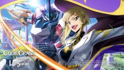  1girl arch arm_up asymmetrical_hair black_shirt blonde_hair blue_eyes blue_sky braid breasts cape clouds code_geass code_geass:_lost_stories commentary_request day english_commentary f4samurai falling_petals field flower flower_field forked_eyebrows game_cg grass grey_eyes hair_tubes happy highres holding holding_polearm holding_weapon jacket knights_of_the_round_uniform lance lancelot_(code_geass) lancelot_club large_breasts lens_flare lipstick long_sleeves looking_at_viewer makeup military_uniform nonette_enneagram official_art open_mouth outdoors outstretched_arm petals pillar polearm purple_cape red_lips shirt short_hair sidelocks single_braid sky smile solo standing sun sunlight teeth tongue tree two-sided_cape two-sided_fabric upper_body weapon white_flower white_jacket 