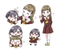  2girls :d ^_^ black_hair blush_stickers braid brown_dress brown_hair center-flap_bangs chibi closed_eyes closed_mouth commentary dress hair_ornament hasu_no_sora_school_uniform kachimachi_kosuzu katsuragi_izumi link!_like!_love_live! long_sleeves looking_at_viewer love_live! medium_dress moso_(expect66) multiple_girls multiple_views neckerchief open_mouth orange_eyes pink_eyes pleated_dress sailor_collar sailor_dress school_uniform shoes side_ahoge side_braids simple_background slit_pupils smile standing triangle_hair_ornament uwabaki virtual_youtuber white_background white_sailor_collar winter_uniform yellow_neckerchief yellow_shoes 