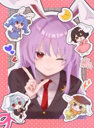  5girls :d :o :t ;) animal_ears black_hair black_jacket blazer blonde_hair blue_hair carrot_necklace chibi chibi_inset commentary crescent crescent_pin grey_hair grid_background gun heart highres holding holding_gun holding_mallet holding_weapon inaba_mob_(touhou) inaba_tewi jacket jewelry l_hand long_hair looking_at_viewer lop_rabbit_ears mallet multiple_girls necklace necktie one_eye_closed outline polka_dot_border purple_hair rabbit rabbit_ears rabbit_girl red_necktie reisen_(touhou_bougetsushou) reisen_udongein_inaba rifle ringo_(touhou) ringo_mame seiran_(touhou) shirt skewer smile straight_hair touhou trait_connection upper_body weapon white_outline white_shirt 