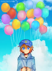 1boy aged_down animification artist_name balloon bandaid bandaid_on_face baseball_cap blue_eyes blush child clouds cloudy_sky commentary eddsworld english_commentary hat holding holding_balloon hood hood_down hoodie long_sleeves looking_at_viewer male_focus matt_(eddsworld) molechan official_alternate_costume orange_hair purple_hat short_hair sky smile solo tumblr_username white_hoodie 