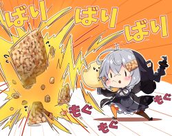  1girl black_dress blush braid chibi chibi_only closed_mouth commentary_request crossed_bangs double-parted_bangs dress food food_request full_body hair_between_eyes highres kizuna_akari long_hair long_sleeves milkpanda orange_pantyhose outline pantyhose solo standing striped_clothes striped_pantyhose twin_braids vertical-striped_clothes vertical-striped_pantyhose vocaloid voiceroid white_outline |_| 