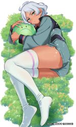  1girl absurdres artist_name asticassia_school_uniform blush commentary_request dark-skinned_female dark_skin field flower fluffy_hair grass green_eyes gundam gundam_suisei_no_majo haro highres looking_at_viewer lying nekomiya_mizuki on_side school_uniform secelia_dote short_hair shorts skindentation thick_thighs thigh-highs thighs twitter_username white_hair white_nails white_thighhighs 