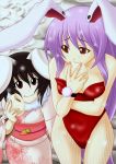  absurdres alternate_costume animal_ears brown_hair bunny_ears bunnysuit fishnet_pantyhose fishnets food highres hissa hissa_yossa inaba_tewi japanese_clothes kimono long_hair multiple_girls nikuman pantyhose purple_hair red_eyes reisen_udongein_inaba short_hair touhou 