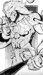  1boy absurdres artificial_eye banyue_(zenless_zone_zero) barcode black_background character_name claws clenched_hand clothed_robot clothes_around_waist commentary_request dotted_background floating_ball greyscale highres humanoid_robot jfzm001 long_hair male_focus mechanical_arms mechanical_eye mechanical_hands metal_skin monochrome orb qr_code robot robot_boy solo two-tone_background upper_body white_background white_hair zenless_zone_zero 