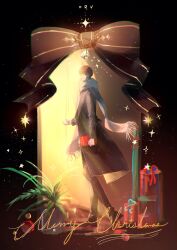  1boy absurdres bell black_coat black_hair book box coat commentary english_commentary fern fringe_trim full_body gift gift_box highres holding holding_book kim_dokja looking_at_viewer merry_christmas omniscient_reader's_viewpoint open_clothes open_coat opening_door plant potted_plant ribbon roellm scarf short_hair smile solo standing walking 