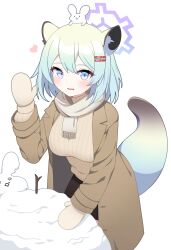  1girl absurdres animal animal_ear_fluff animal_ears animal_on_head animal_request black_skirt blue_archive blue_eyes blush breasts brown_jacket brown_mittens brown_sweater commentary_request fringe_trim green_hair grey_scarf hair_between_eyes hair_ornament hairclip halo hand_up heart highres jacket korean_commentary long_sleeves looking_at_viewer medium_breasts mittens on_head open_clothes open_jacket parted_lips puffy_long_sleeves puffy_sleeves ribbed_sweater scarf shigure_(blue_archive) simple_background skirt smile solo sprout_(haji_s) sweater tail white_background 