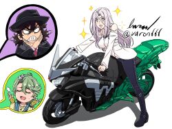  1girl 2boys artist_name bare_shoulders baron_(varon666) black_hair black_pants breasts brown_hair closed_eyes fuuto_tantei green_hair hair_between_eyes hardboilder hat hidari_shoutarou highres jacket kamen_rider kamen_rider_w large_breasts long_hair long_sleeves looking_at_viewer motor_vehicle motorcycle multiple_boys necktie official_art open_mouth pants philip_(kamen_rider) purple_hair riding shirt short_hair signature simple_background smile sweatdrop tokime_(fuuto_tantei) tokusatsu twitter_username vest violet_eyes white_background white_shirt 