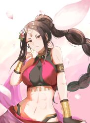  1boy abs absurdres alternate_costume arabian_clothes armlet bare_shoulders braid braided_ponytail breasts brown_eyes brown_hair circlet commentary_request crop_top crossdressing crossdressing_(mtf) dancer earrings flower gloves hair_flower hair_ornament harem_outfit highres hoop_earrings jewelry large_breasts long_braid long_hair looking_at_viewer midriff navel petals ponytail re:zero_kara_hajimeru_isekai_seikatsu sirasu_3n solo vincent_vollachia 