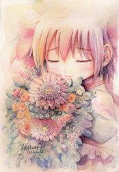  1girl blush bouquet bow bow_choker choker closed_eyes closed_mouth commentary_request dated flower frilled_sleeves frills hair_bow highres kaname_madoka kaname_madoka_(magical_girl) light_smile mahou_shoujo_madoka_magica mahou_shoujo_madoka_magica_(anime) painting_(medium) pink_bow pink_hair puffy_short_sleeves puffy_sleeves red_choker short_hair short_sleeves signature solo traditional_media twintails watercolor_(medium) white_sleeves yae_harura 