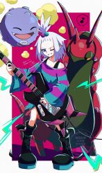  1girl absurdres bare_shoulders black_boots blue_dress blue_eyes boots commentary_request dated dress freckles full_body guitar hair_ornament highres holding holding_guitar holding_instrument instrument koffing long_sleeves musical_note one_eye_closed pokemon pokemon_(creature) pokemon_bw2 purple_dress roxie_(pokemon) runa_(luna_naut) scolipede signature sphere_hair_ornament spoken_musical_note standing twitter_username two-tone_dress white_hair wide_sleeves 