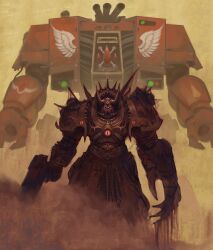  2boys absurdres adeptus_astartes armor blood blood_angels blood_on_weapon bolter breastplate chain chaos_(warhammer) chaos_space_marine clawed_gauntlets commentary day dreadnought_(warhammer_40k) dust dust_cloud english_commentary exhaust exhaust_pipe eyes_of_horus_(warhammer_40k) fake_horns from_behind full_armor gauntlets gun helmet highres holding holding_weapon horned_helmet horns imperium_of_man looking_at_viewer mecha multiple_boys outdoors pauldrons power_armor red_eyes robot science_fiction shoulder_armor solo spiked_armor spikes terminator_armor thefearmaster warhammer_40k weapon 