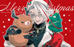  #compass 1boy bell black_gloves black_shirt bracelet chain chain_necklace christmas christmas_tree commentary_request creature english_text facial_tattoo fur-trimmed_headwear fur-trimmed_jacket fur_trim glasses gloves gold_necklace grey_eyes hat holding holding_stuffed_toy itomeguri_rinne jacket jewelry looking_at_viewer male_focus manomenou merry_christmas multicolored_hair neck_bell necklace one_eye_closed red_background red_hair red_hat red_jacket reindeer ring santa_costume santa_hat shirt short_hair smile snowing solo spider_web_tattoo star_(symbol) streaked_hair stuffed_animal stuffed_toy tattoo turtleneck twitter_username upper_body virtual_youtuber white_hair 