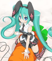  animal_ears aqua_eyes aqua_hair armband bunny_ears carrot hatsune_miku headset long_hair nekokana skirt solo straddle striped striped_legwear striped_thighhighs thigh-highs thighhighs twintails very_long_hair vocaloid wrist_cuffs 