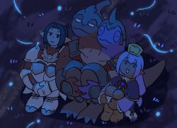  1girl 3boys :3 :d alxaal armor bakool_ja_ja blue_theme deformed elf elvaan ff14monday final_fantasy final_fantasy_xi final_fantasy_xiv highres hugging_own_legs long_hair looking_up low-tied_long_hair male_focus mamool_ja multiple_boys on_grass on_ground pointy_ears prishe short_hair sitting smile 