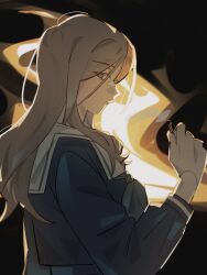  1girl absurdres bang_dream! bang_dream!_it's_mygo!!!!! black_background blue_shirt brown_hair closed_mouth commentary fire hand_up highres holding_matchstick long_hair looking_at_viewer michiiyuri nagasaki_soyo sailor_collar school_uniform shirt solo tsukinomori_school_uniform upper_body white_sailor_collar 