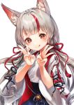  1girl :p animal_ears azur_lane bangs bell blush fox_ears grey_hair hair_ribbon hakama japanese_clothes jingle_bell kamikaze_(azur_lane) long_hair looking_at_viewer mia_(miaflocon) miko multicolored_hair red_eyes red_ribbon ribbon smile tongue tongue_out wide_sleeves 