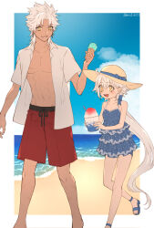  1boy 1girl abs amakusa_shirou_(fate) bare_pectorals barefoot blue_camisole blue_shorts blue_sky bow camisole clouds commentary dark-skinned_male dark_skin earrings fate/grand_order fate_(series) food frilled_camisole frills hat hat_bow highres holding holding_ice_cream_cone ice_cream_cone jeanne_d'arc_alter_santa_lily_(fate) jewelry long_hair male_swimwear ocean open_clothes open_mouth open_shirt pectorals red_male_swimwear red_swim_trunks sandals scar scar_on_chest shaved_ice short_shorts shorts sky smile spiky_hair sun_hat swim_trunks tofu_(bean359) twitter_username very_long_hair white_hair yellow_eyes 