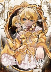  aku_no_meshitsukai_(vocaloid) aku_no_musume_(vocaloid) allen_avadonia bare_shoulders blonde_hair blue_eyes bow bow_choker broken_mirror brother_and_sister choker collared_shirt commentary_request dancing dress earrings evillious_nendaiki falling_petals flower flower_choker frilled_dress frills gears hair_bow hair_ornament hairclip head_tilt high_ponytail highres implied_death jewelry kagamine_len kagamine_rin looking_at_viewer mirror off-shoulder_dress off_shoulder peach_4839 petals petticoat ponytail pov pov_hands red_flower red_rose riliane_lucifen_d'autriche roman_numeral rose shirt siblings sidelocks skeletal_hand skirt_hold smile stained_glass swept_bangs symbolism thorns twins updo vocaloid wide_sleeves wind yellow_bow yellow_choker yellow_dress yellow_flower yellow_rose 