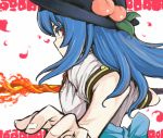 blue_hair bust colored_eyelashes eyelashes face fire food fruit hands hat hinanawi_tenshi looking_back oekaki peach petals red_eyes solo sword sword_of_hisou touhou uousa weapon 