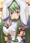  absurdres aki_minoriko aki_shizuha armpits chibi face grin highres inubashiri_momiji kagiyama_hina kawashiro_nitori kochiya_sanae moriya_suwako mountain_of_faith mouth_hold smile touhou yasaka_kanako 