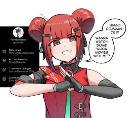  1girl asymmetrical_gloves black_gloves black_ribbon bright_pupils chinese_clothes collared_shirt commentary cz75_(girls'_frontline) double_bun elbow_gloves english_commentary faye_(girls'_frontline_2) girls'_frontline_2:_exilium girls_frontline gloves grin hair_bun hair_ribbon highres inset looking_at_viewer palm-fist_greeting red_eyes red_hair red_shirt ribbon senpaihawkkun shirt simple_background single_elbow_glove sleeveless sleeveless_shirt smile solo straight-on upper_body user_interface white_background white_pupils 
