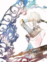  1girl bandaged_arm bandages breasts closed_mouth dual_wielding flower grey_hair hair_flower hair_ornament holding holding_sword holding_weapon kaine_(nier) long_hair median_furrow medium_breasts negligee nier nier_(series) pink_flower ruka_(blueplus84) shoulder_blades solo sword weapon yellow_eyes 