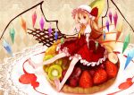  adapted_costume argyle argyle_background ascot bare_legs barefoot blonde_hair doily feet finger_to_mouth flandre_scarlet food fruit girl_in_food grapes hat highres in_food kiwifruit koto_(colorcube) minigirl orange red_eyes short_hair side_ponytail sitting smile solo strawberry syrup tart_(food) the_embodiment_of_scarlet_devil touhou wings 